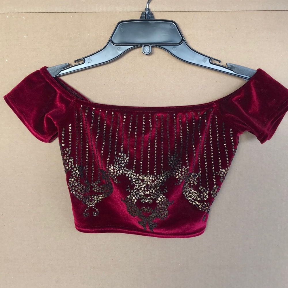 Wine colored velvet off the shoulder crop top